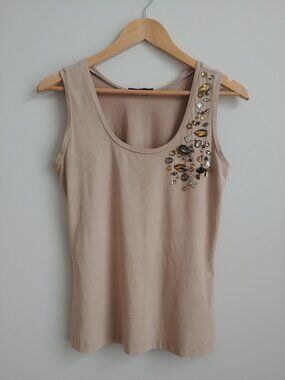 Y2K Designer Airfield tan ultrasuede sleeveless top tank jewels shoulder